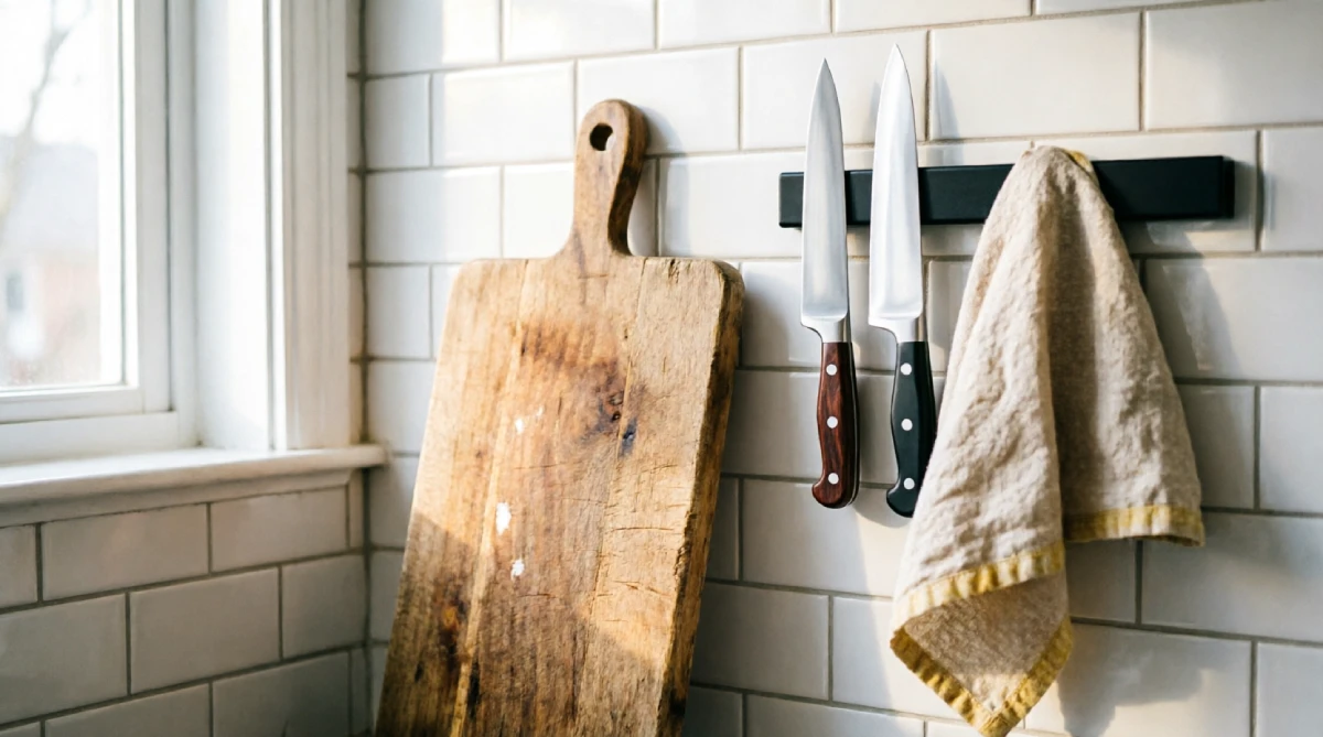 Magnetic knife strip mounted on a white tile backsplash in a small summer kitchen