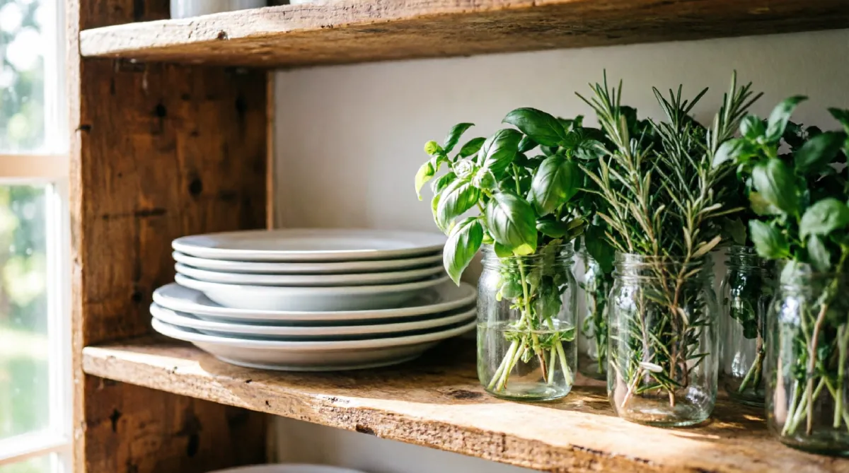 Open wooden shelves with plates and herbs in a small summer kitchen