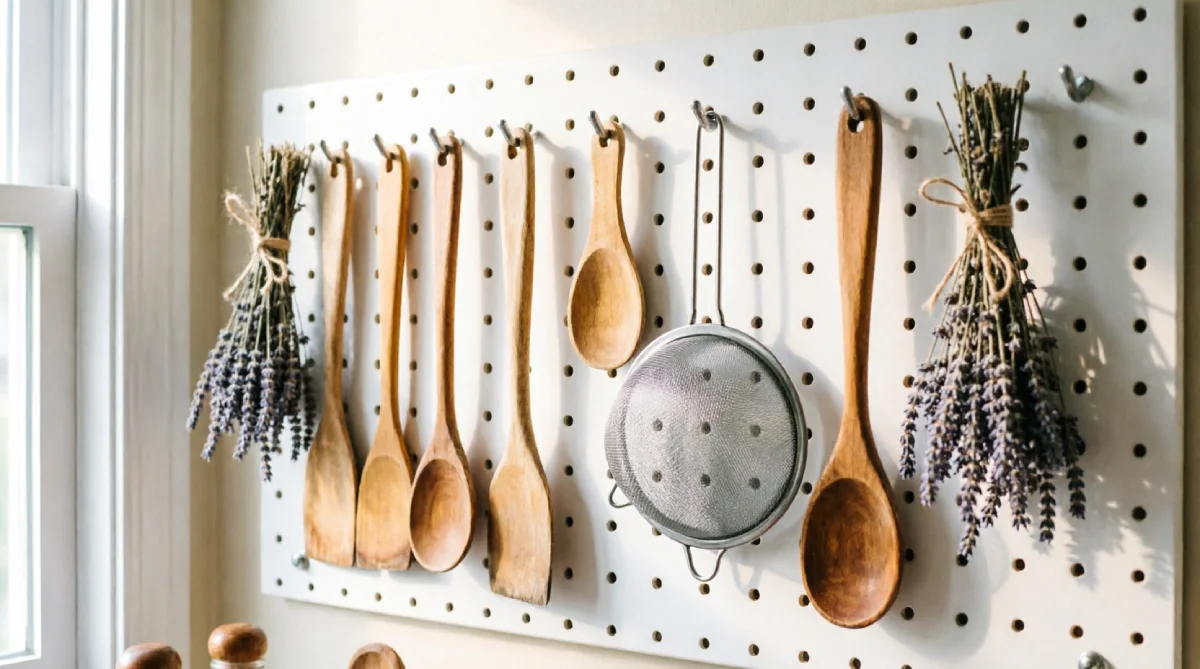 White pegboard with hanging kitchen tools in a small summer kitchen