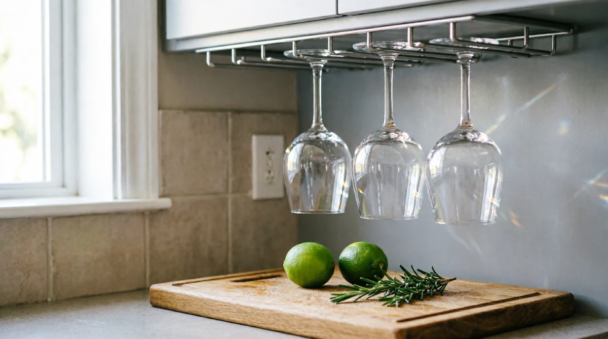 Under-cabinet rack holding wine glasses to save space in a small summer kitchen
