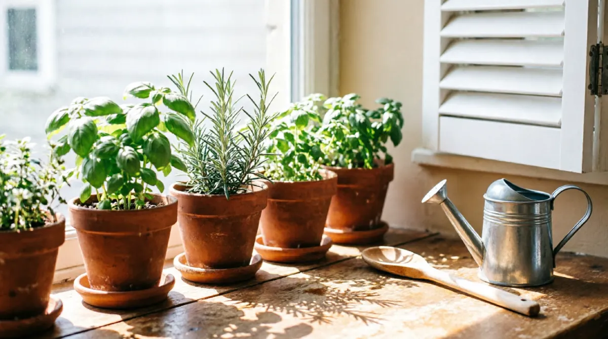 Terracotta herb pots on a sunny kitchen windowsill in a small summer kitchen