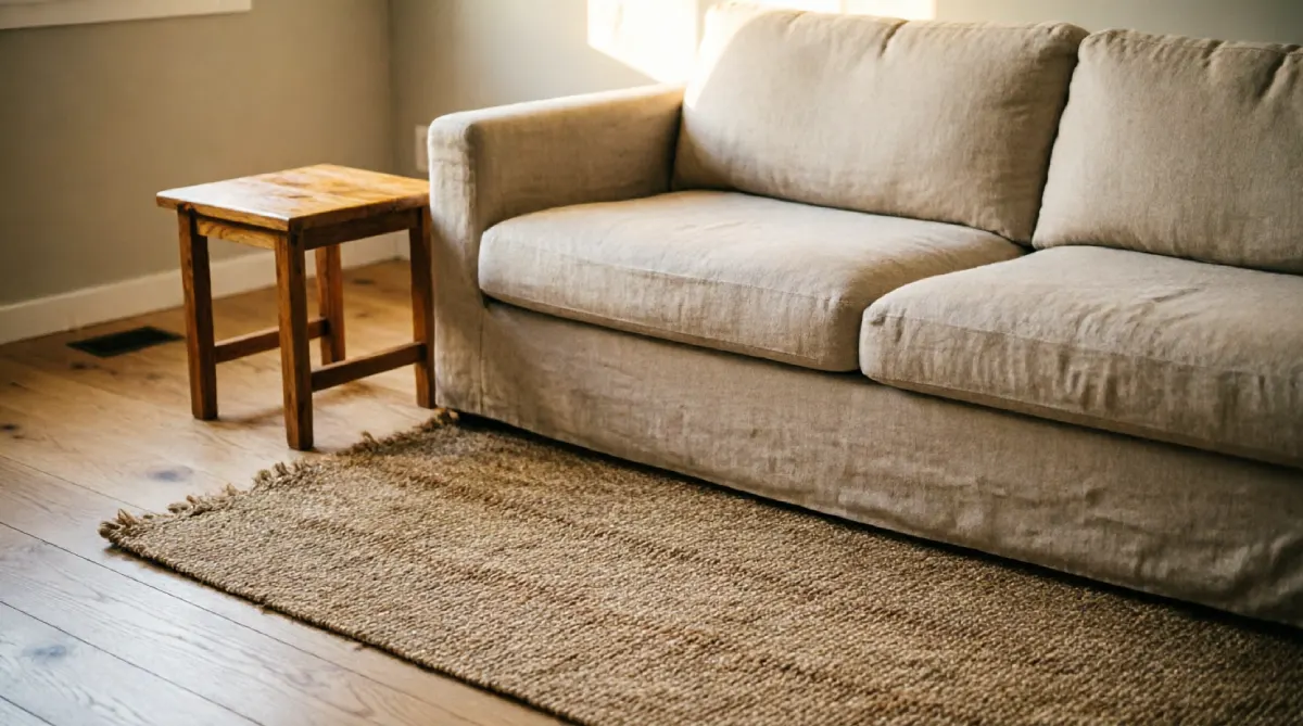 Jute flatweave rug in a small summer living room enhancing spaciousness and natural light.