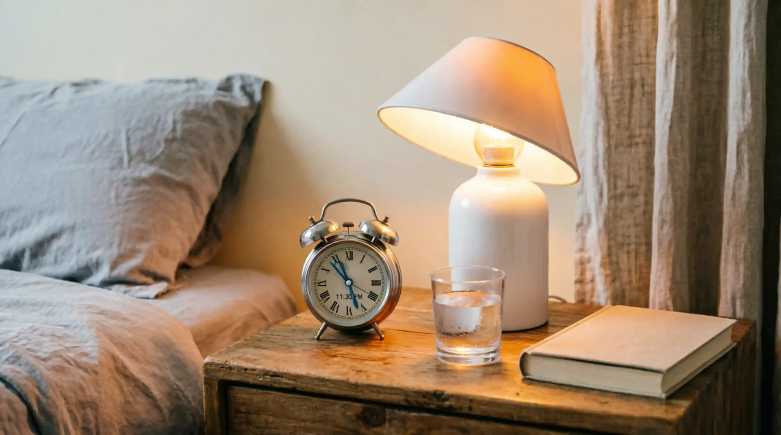 Smart bulb set to sunset mode, producing a soft amber evening light in a summer bedroom.