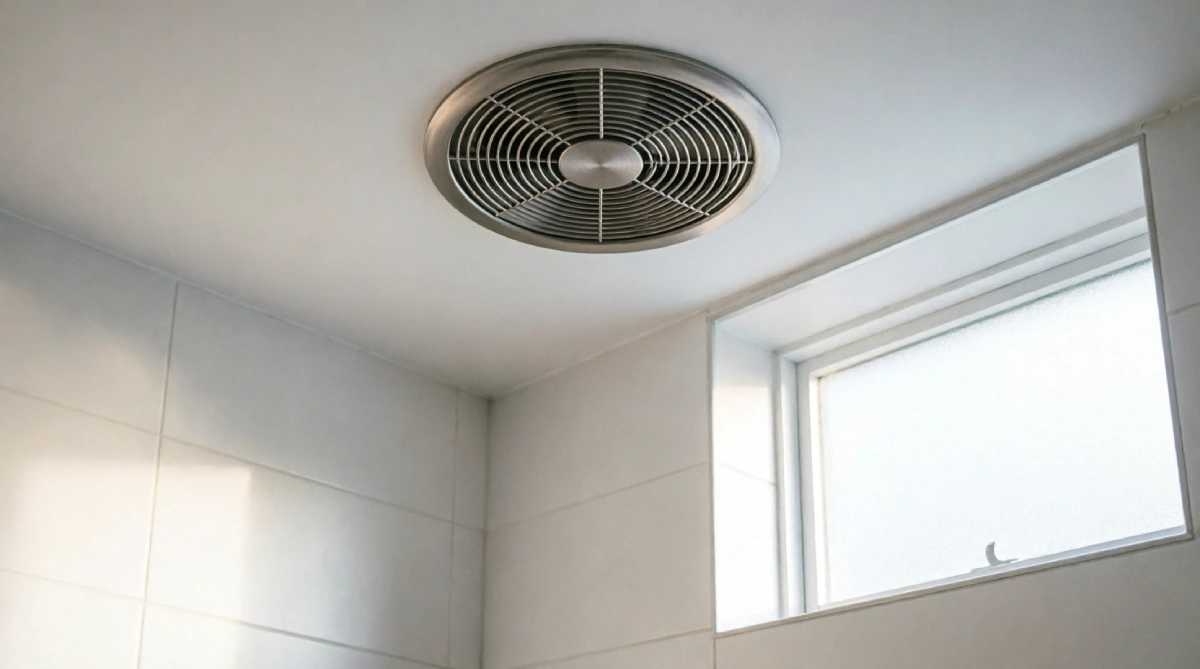 Minimalist ceiling exhaust fan with humidity sensor in a modern summer bathroom