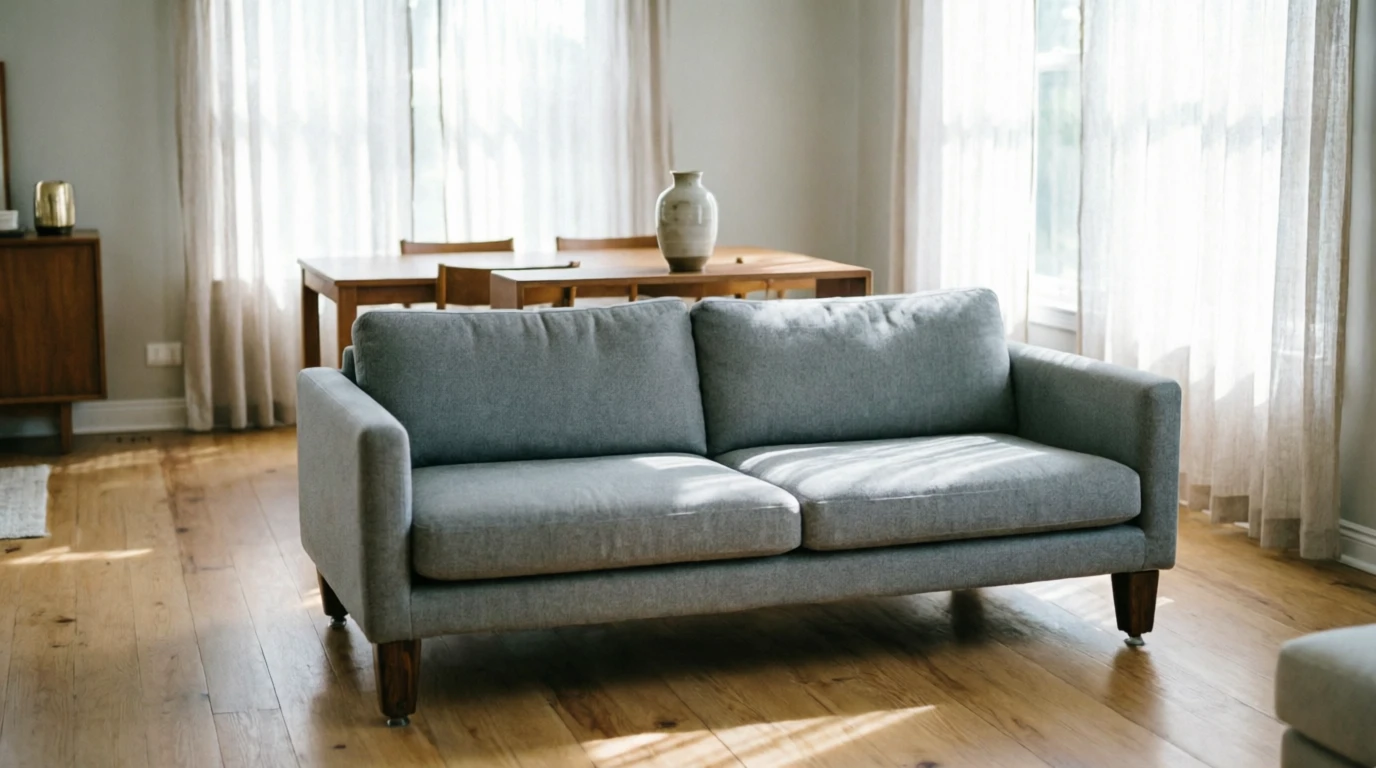 Sofa used as a divider between summer living room and dining area to improve layout