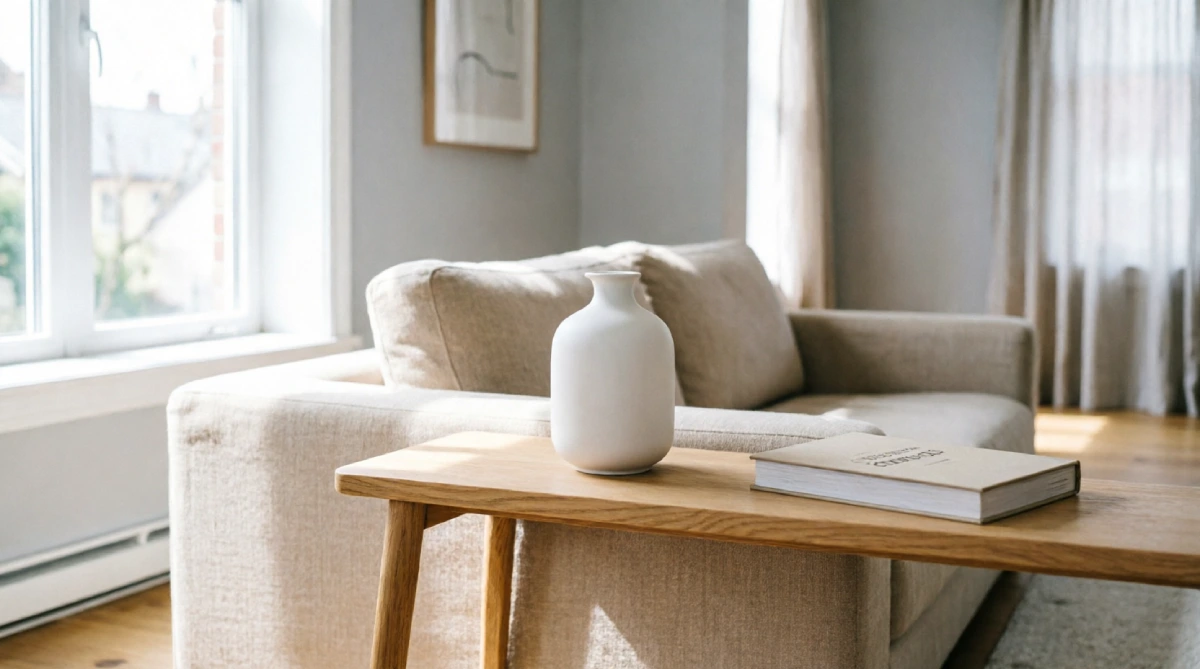 Narrow console table behind a sofa in a small summer living room adding display space without bulk.