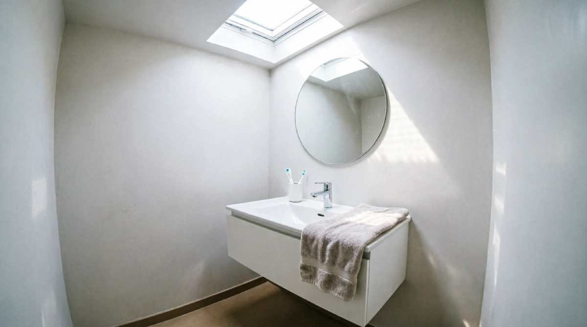13 Summer Bathroom Lighting Ideas That Improve Brightness - Bathroom - Homedecortoday A solar tube brings natural daylight into a windowless bathroom for bright summer illumination.