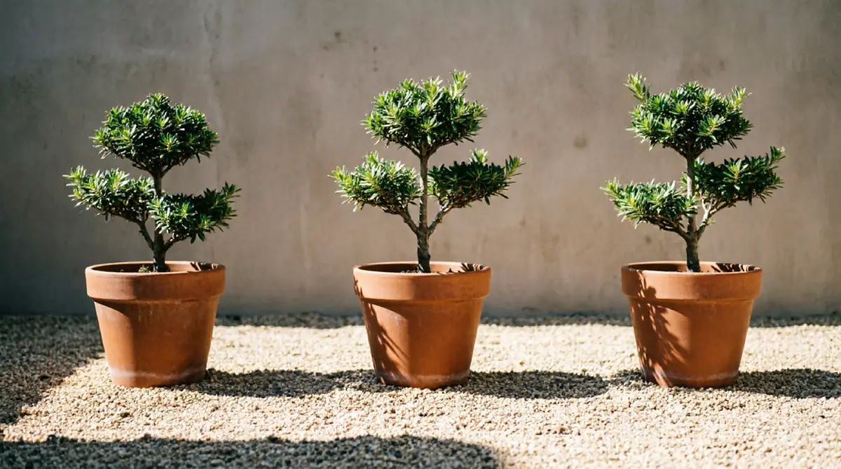 Widely spaced plant pots in a minimal garden for a clean look