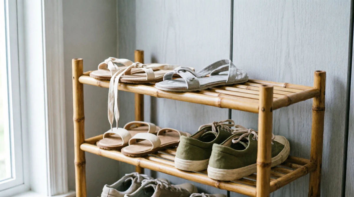 Stackable bamboo shoe shelf keeping summer sandals organized in a bedroom closet