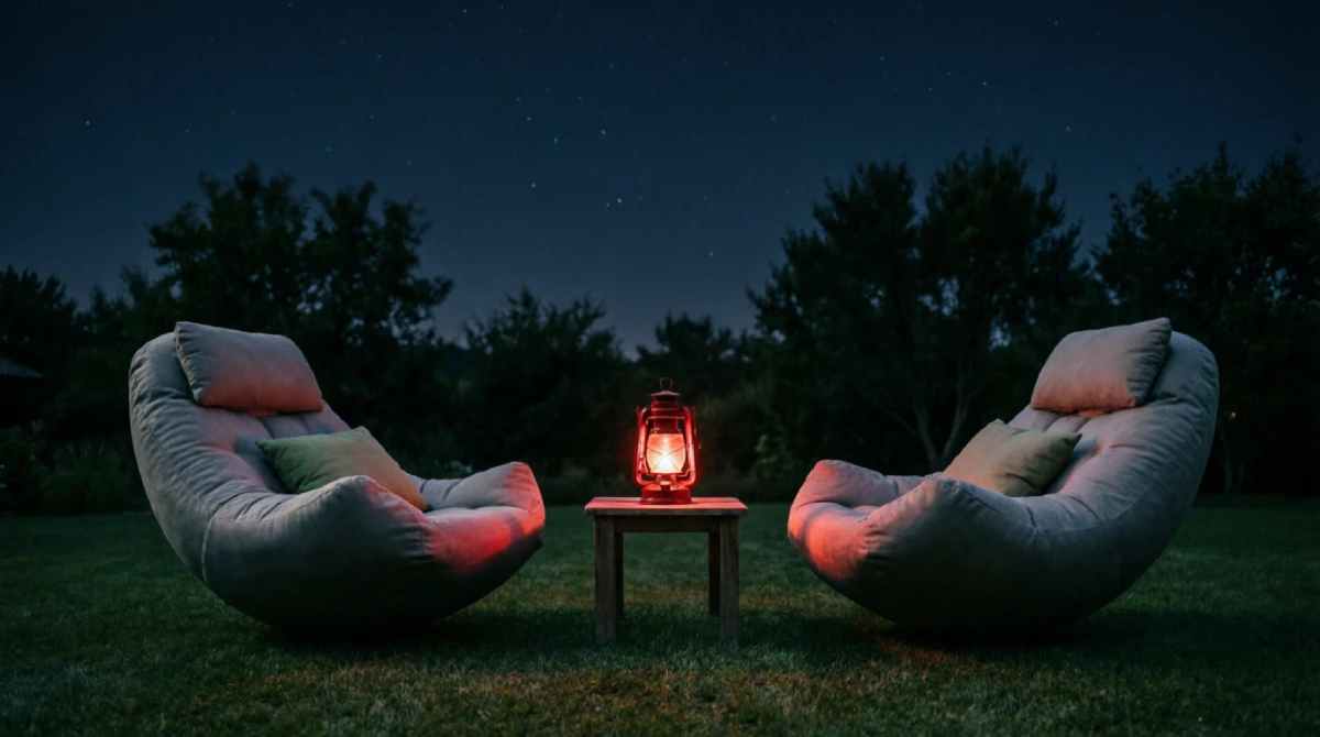 Two reclining chairs set up for stargazing in a dark backyard with a soft red lantern