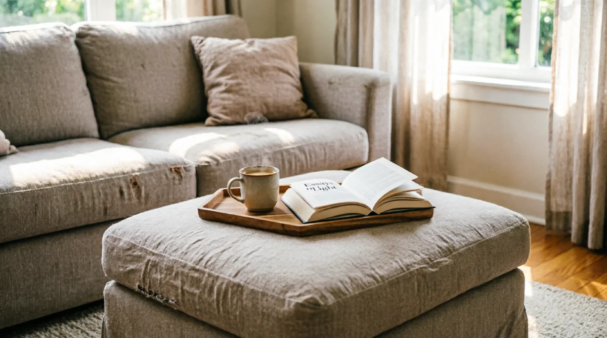 Dual-purpose storage ottoman in a summer living room providing hidden storage and surface space.