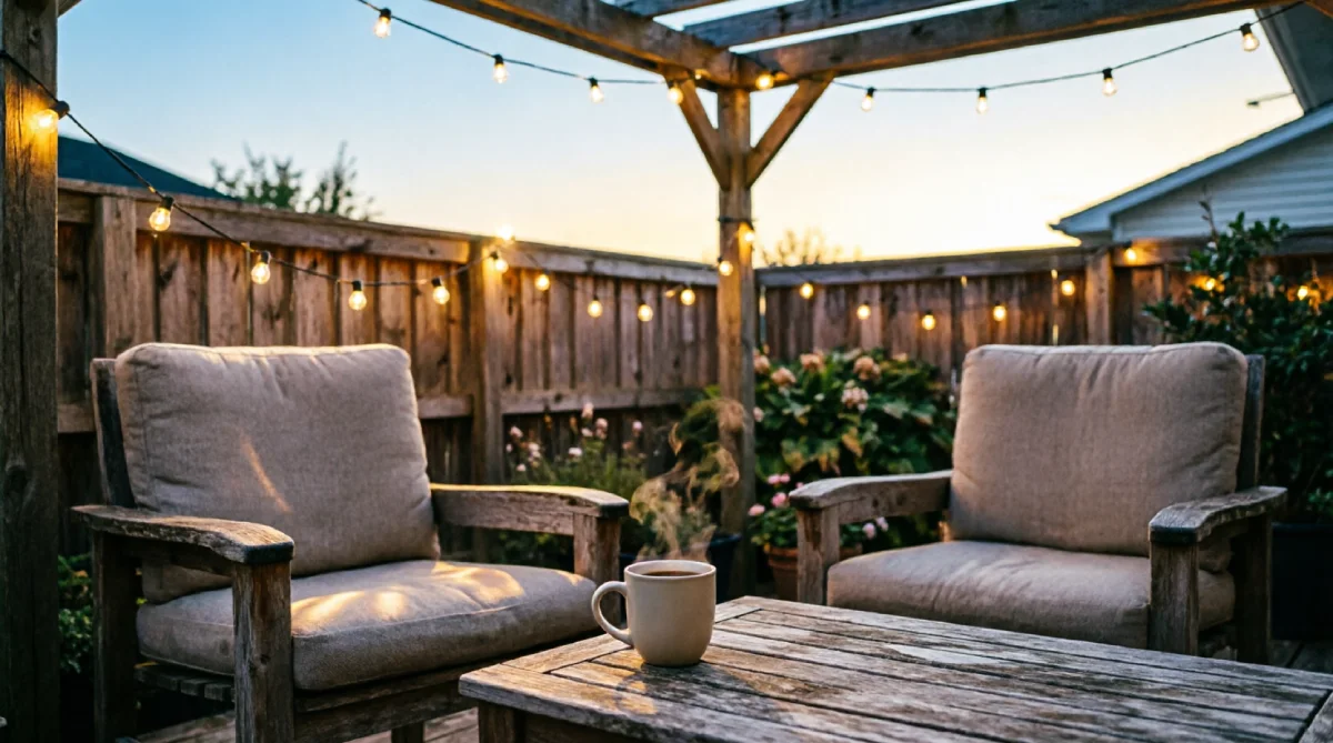 Warm string lights strung above a cozy patio seating area creating a soft evening glow.