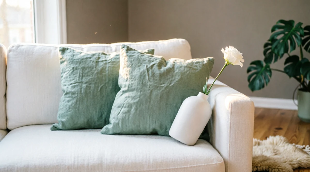 Soft blue and seafoam accents in a modern summer living room keeping palette clean