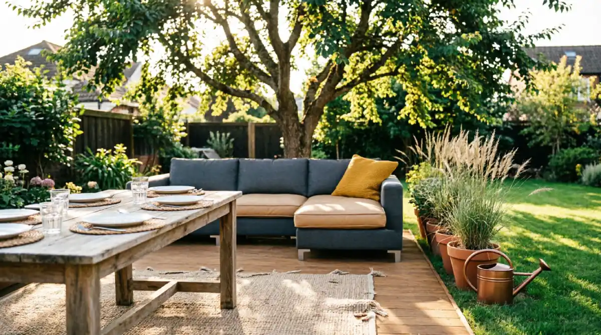 Backyard divided into dining, lounging, and play zones to improve space and flow