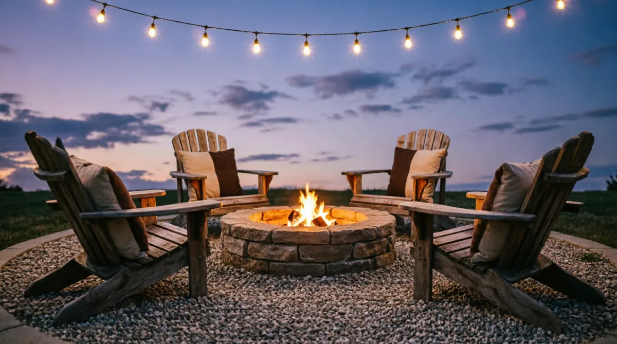 Central fire pit layout improving backyard space by drawing seating inward