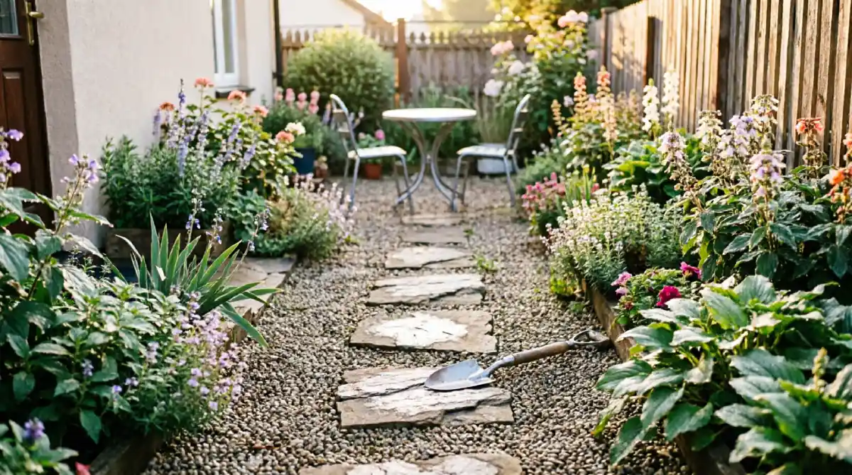 Diagonal garden path layout making a small backyard feel longer and more spacious