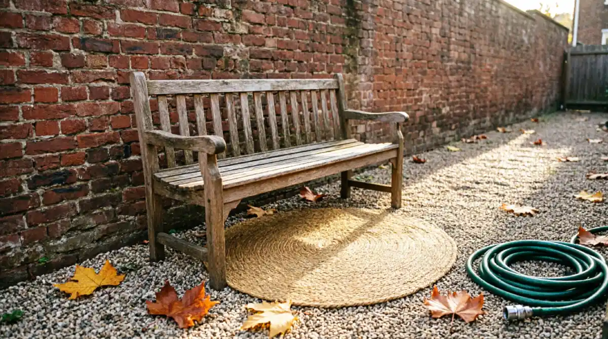 Bench floating away from the fence in a backyard to improve circulation and sense of space