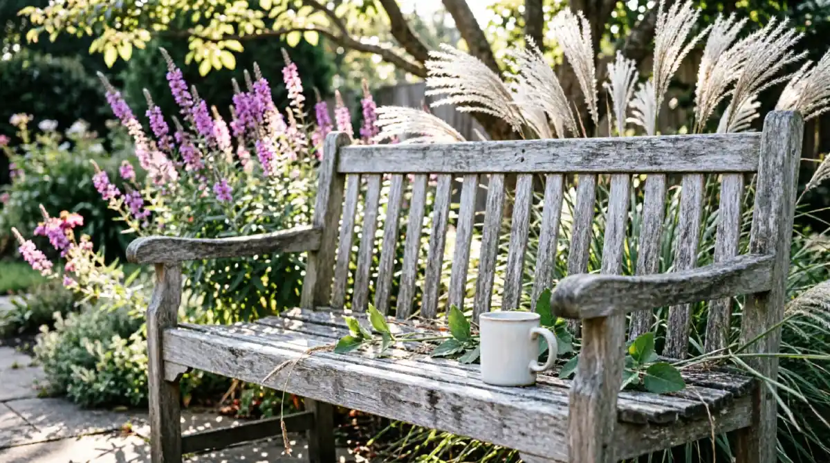 Hidden bench nook behind planting beds maximizing backyard space and privacy