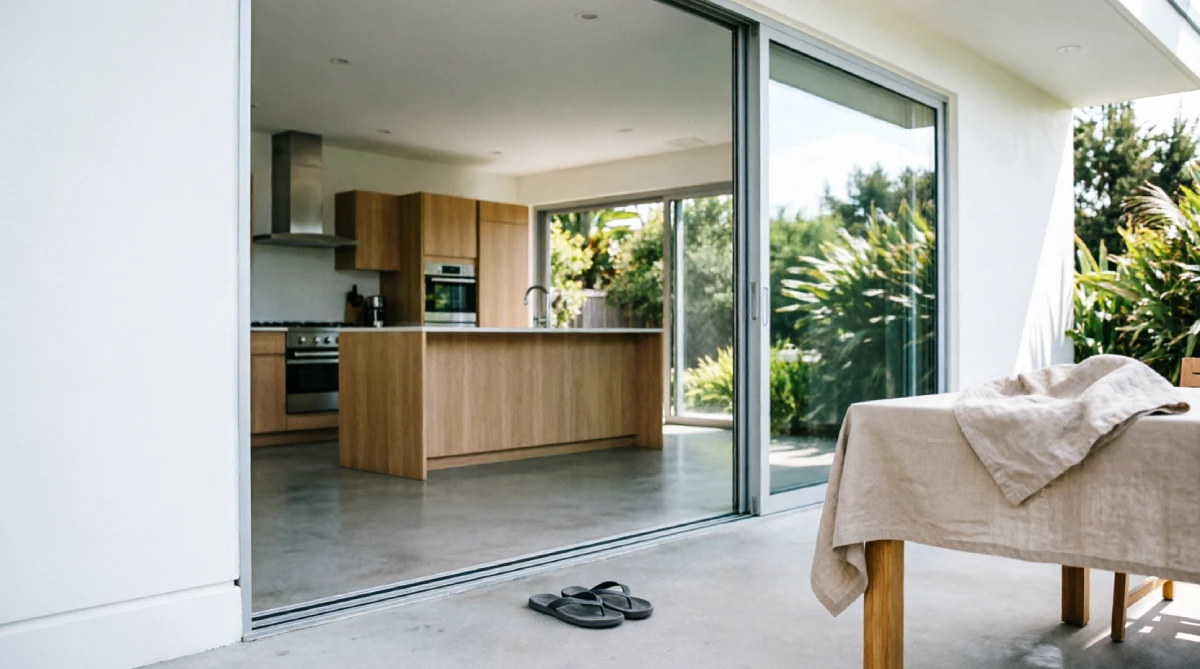Open corner layout merging indoor kitchen and outdoor dining to improve backyard space