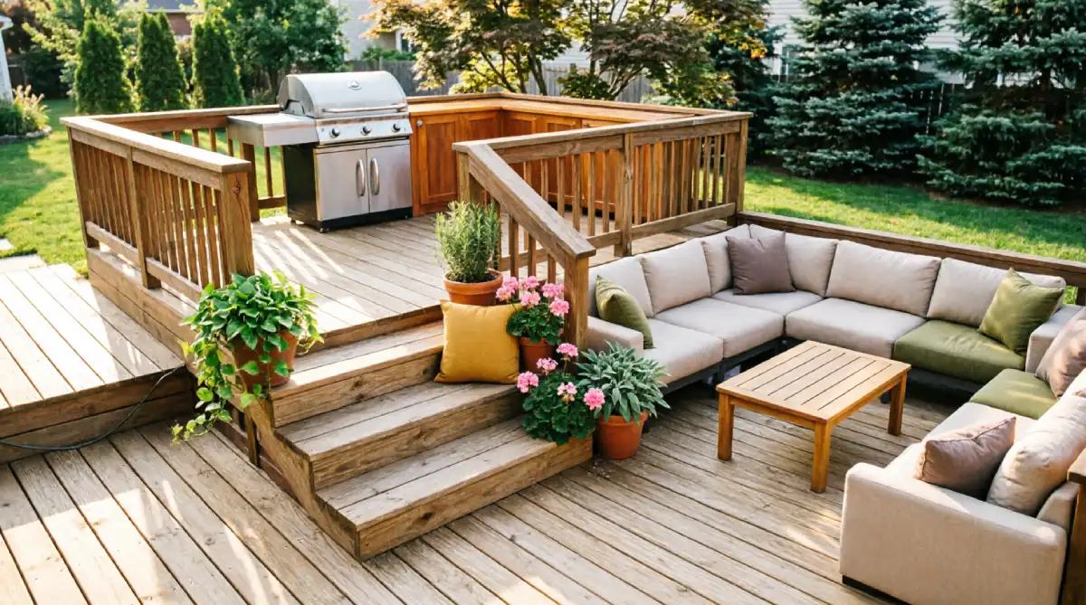 Multi-level deck layout separating grill and lounge zones to improve backyard space