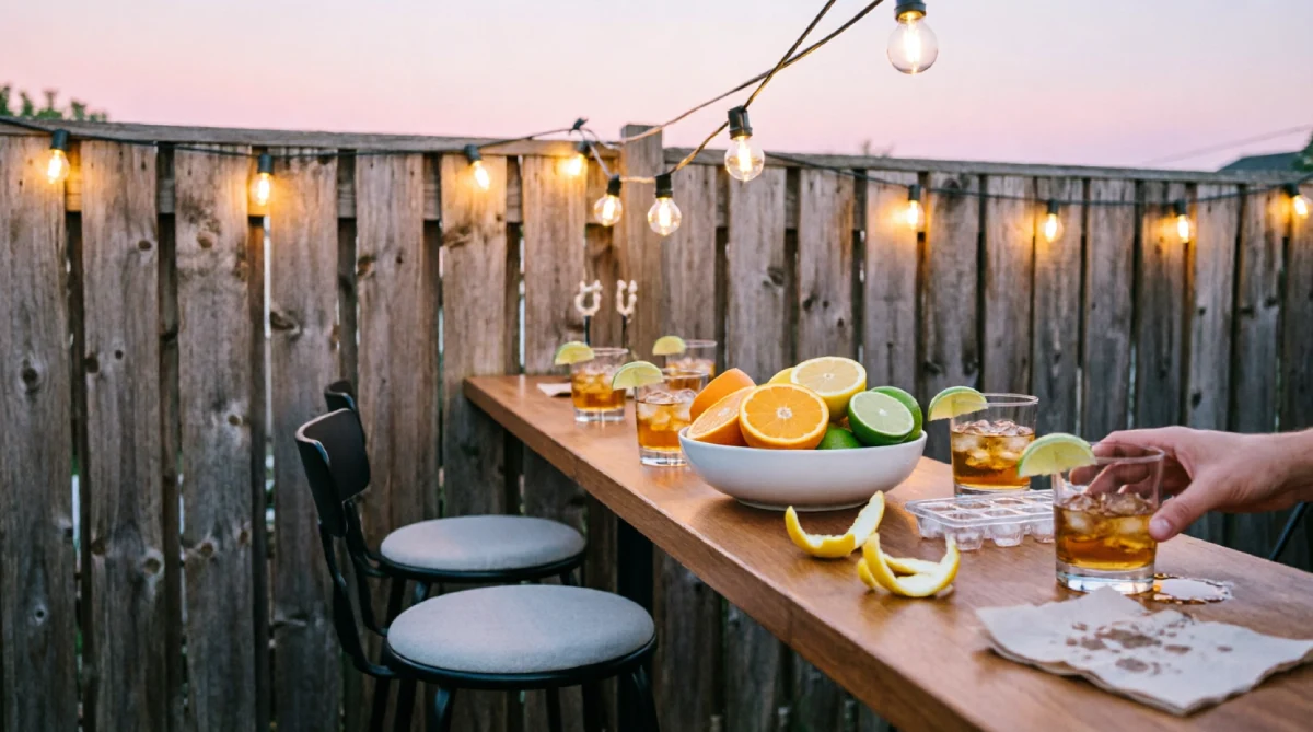 Narrow wall-mounted bar layout saving floor space in a backyard entertaining area