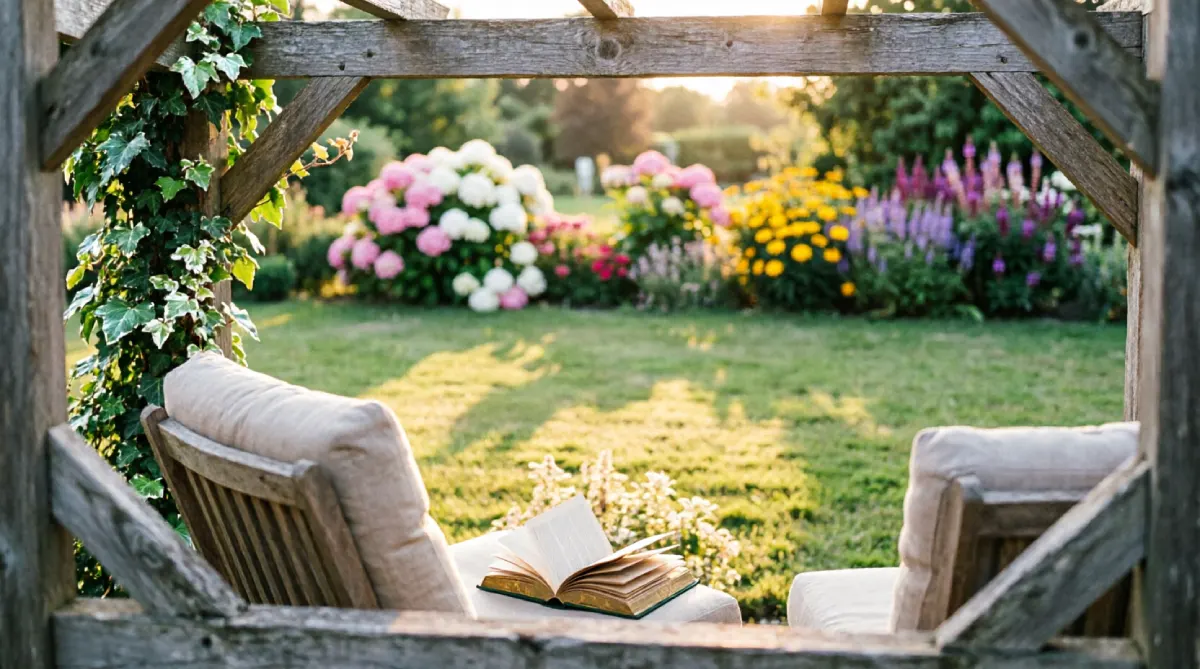 Pergola layout framing a backyard view to enhance depth and improve space perception