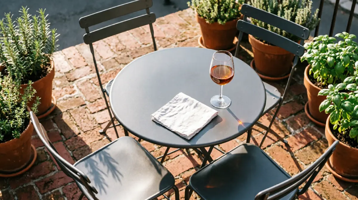 Round dining table on a small patio improving backyard space and traffic flow