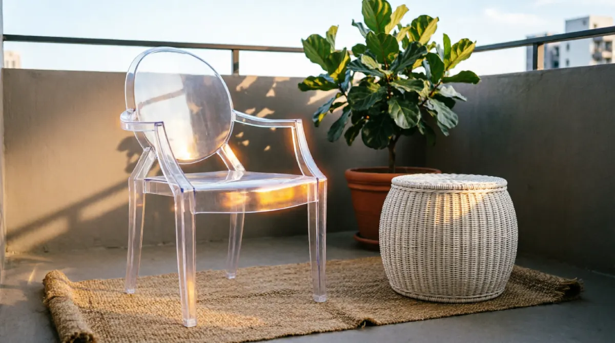 Transparent acrylic chair on a balcony keeping the look light and airy in summer
