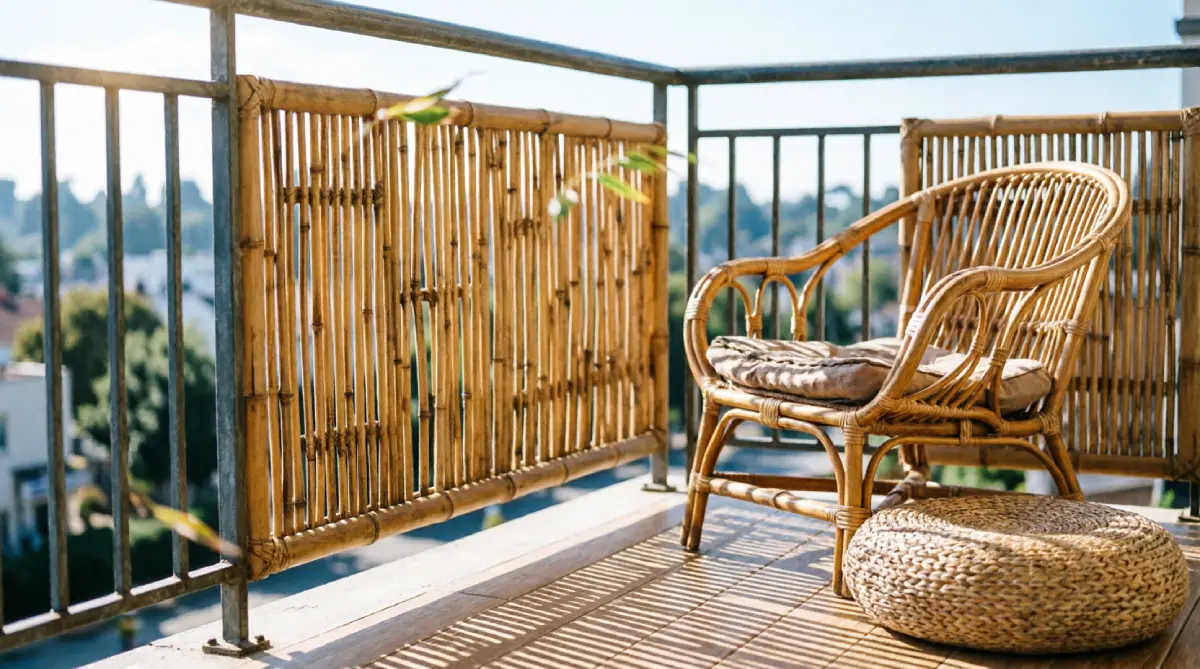 Bamboo privacy screen on a balcony allowing airflow while keeping the look fresh and airy.