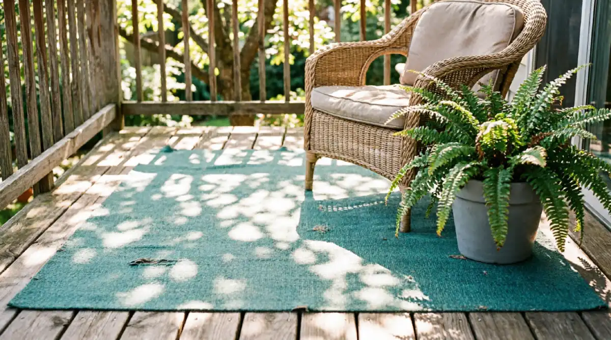 Cool‑toned outdoor rug on a balcony helping create a fresh, breezy summer look