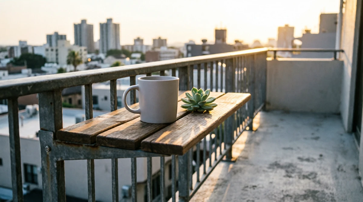 Fold‑down railing table on a small balcony keeping the area fresh and uncluttered