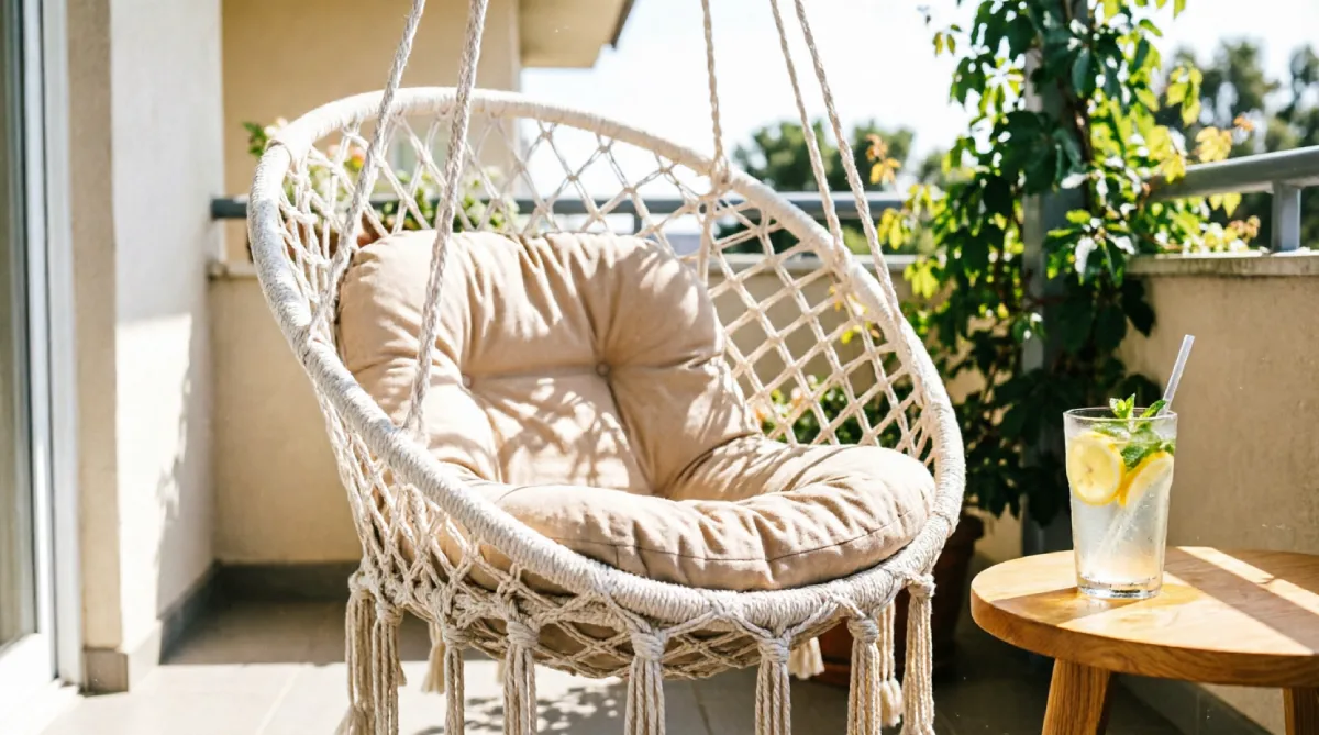 Macramé hammock chair swinging gently on a balcony, adding an airy summer vibe
