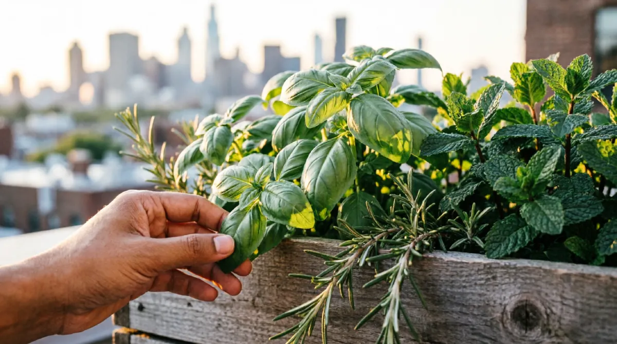 Herb planter box on a balcony railing adding a fresh, airy scent to a summer setting