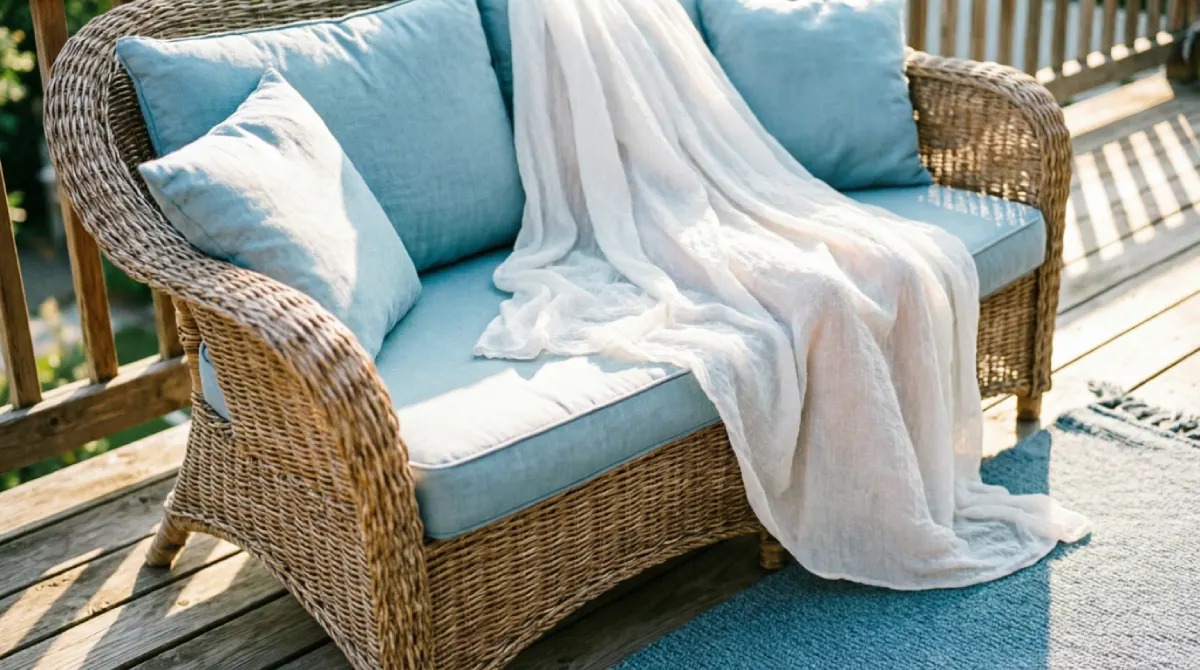 Light, breathable cushions on balcony seating keeping the space fresh and airy in summer.