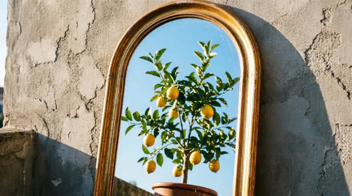 Outdoor mirror on a balcony reflecting greenery, making the space feel fresh and more open.