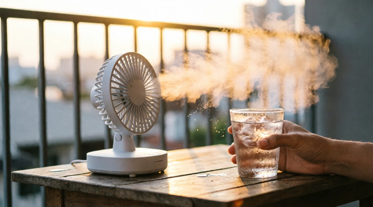 Misting fan on a balcony helping to maintain a fresh and airy feel during hot days