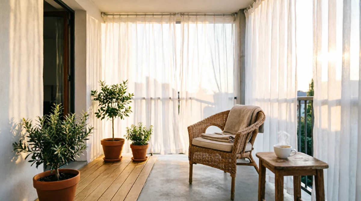 Small balcony with flowing sheer curtains creating a fresh, airy feel
