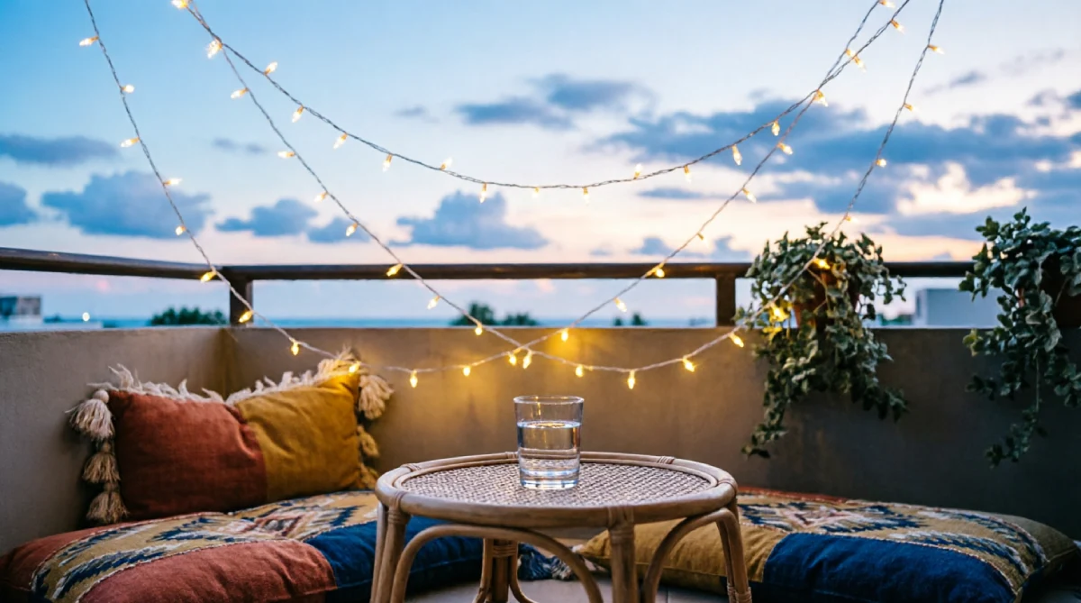 String lights adding a light, airy glow to a balcony on a summer evening