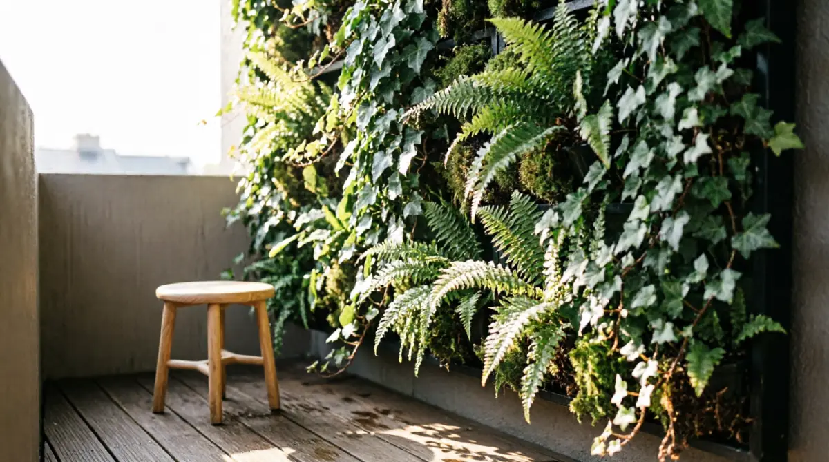 Vertical garden with trailing plants on a small balcony, enhancing a fresh and airy atmosphere.