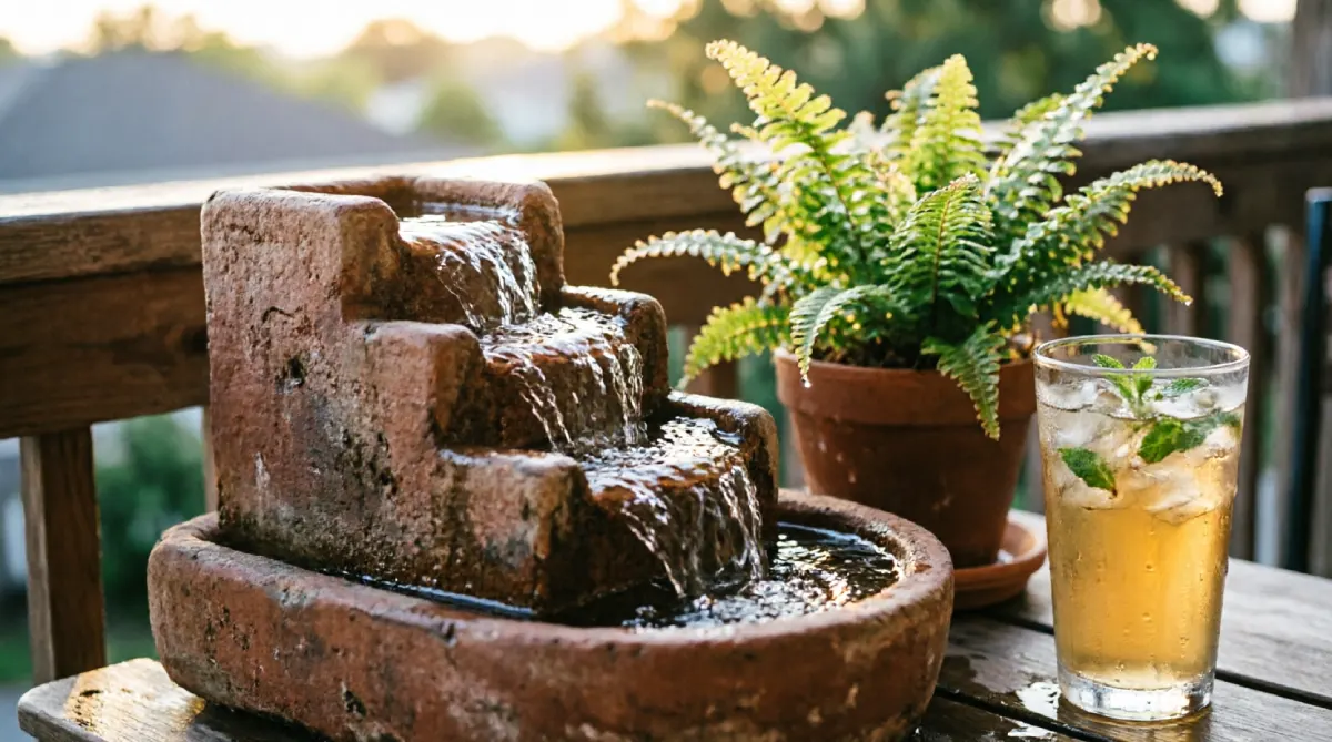 Small tabletop fountain on a balcony enhancing a fresh, airy summer atmosphere with gentle sound.