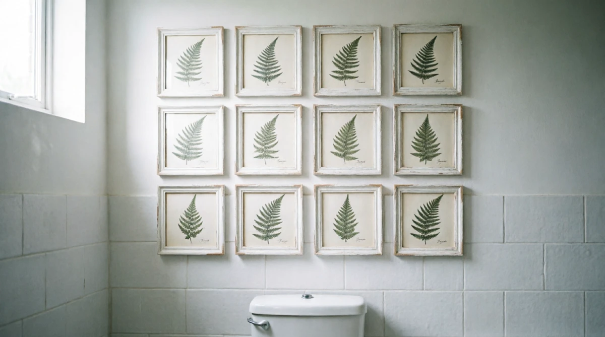 Mini botanical print gallery in a bathroom, a summer styling idea to add fresh nature.