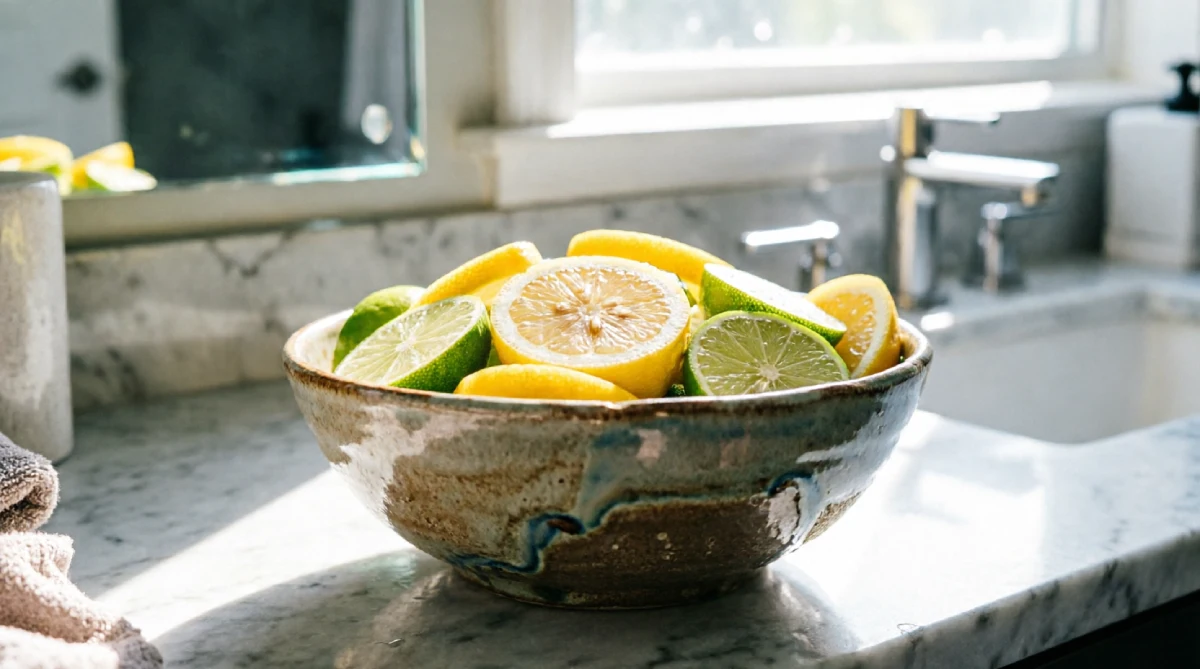 Bowl of fresh sliced citrus as a decorative and fragrant summer bathroom styling detail