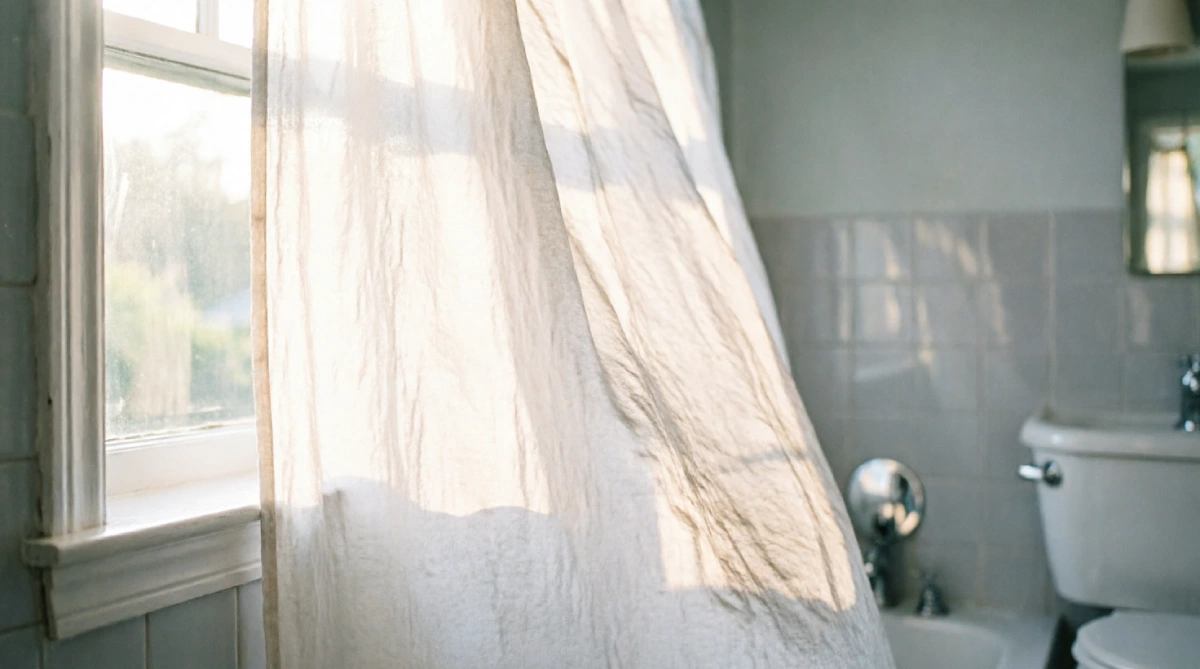 Lightweight white cotton shower curtain, part of airy summer bathroom styling ideas.