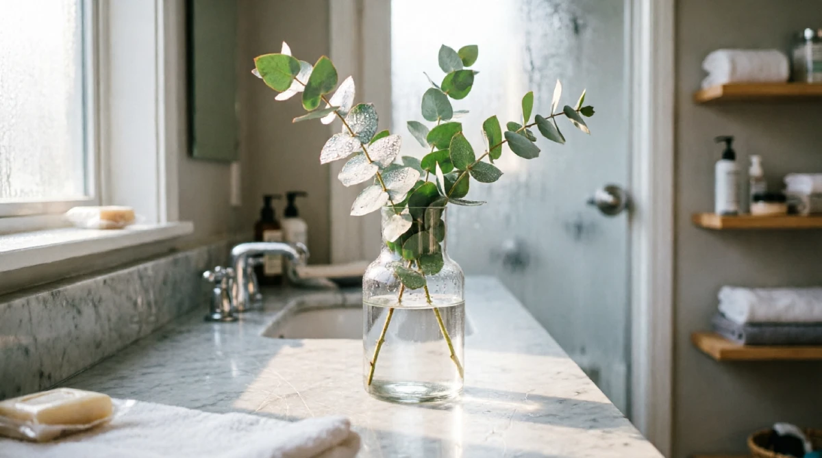 Fresh eucalyptus stems in a clear vase adding natural freshness to a summer bathroom styling idea.