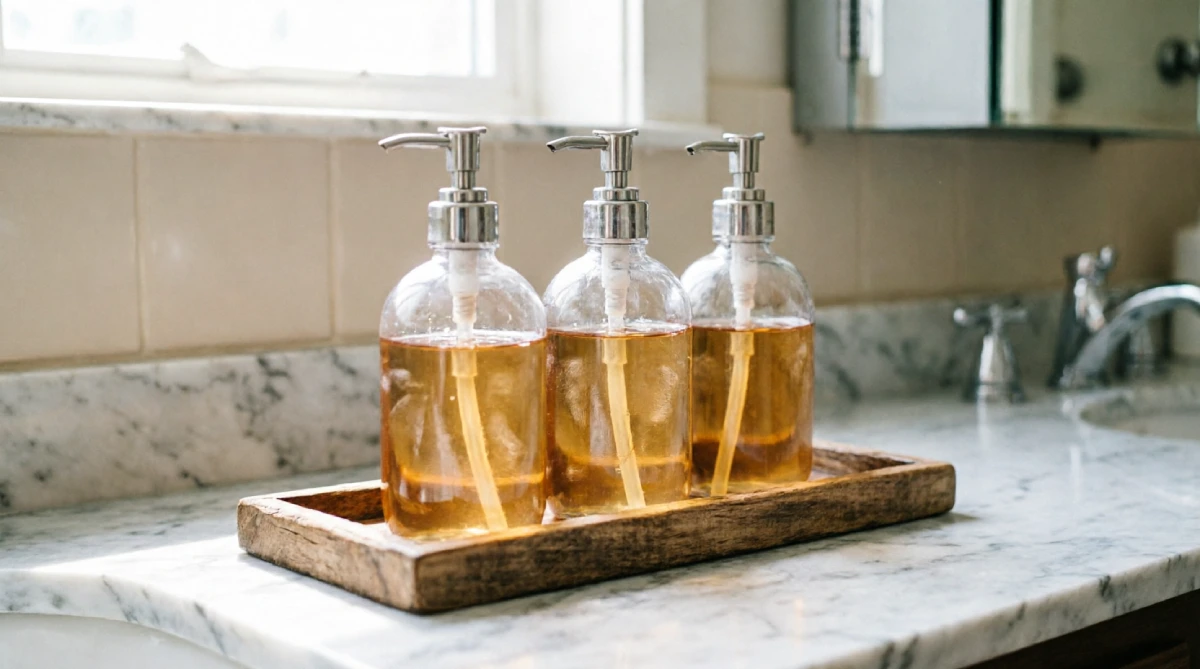 Clear glass soap dispensers on a bathroom counter, part of summer bathroom styling ideas for a clean look.