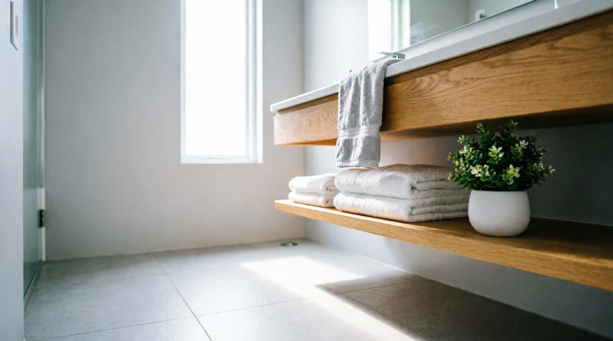 12 Summer Bathroom Layout Ideas That Improve Space - Bathroom - Homedecortoday A summer bathroom with a floating vanity and open shelving, creating an airy layout.