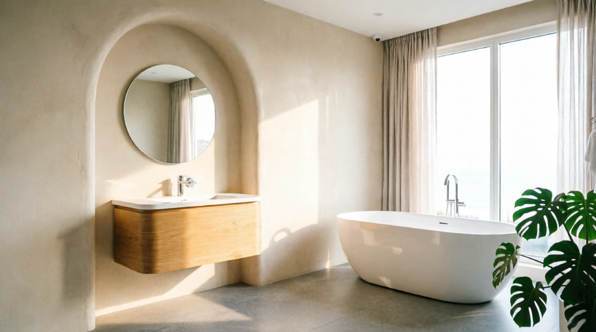 12 Summer Bathroom Layout Ideas That Improve Space - Bathroom - Homedecortoday A bathroom layout with a vanity set into an alcove to free up floor space for summer