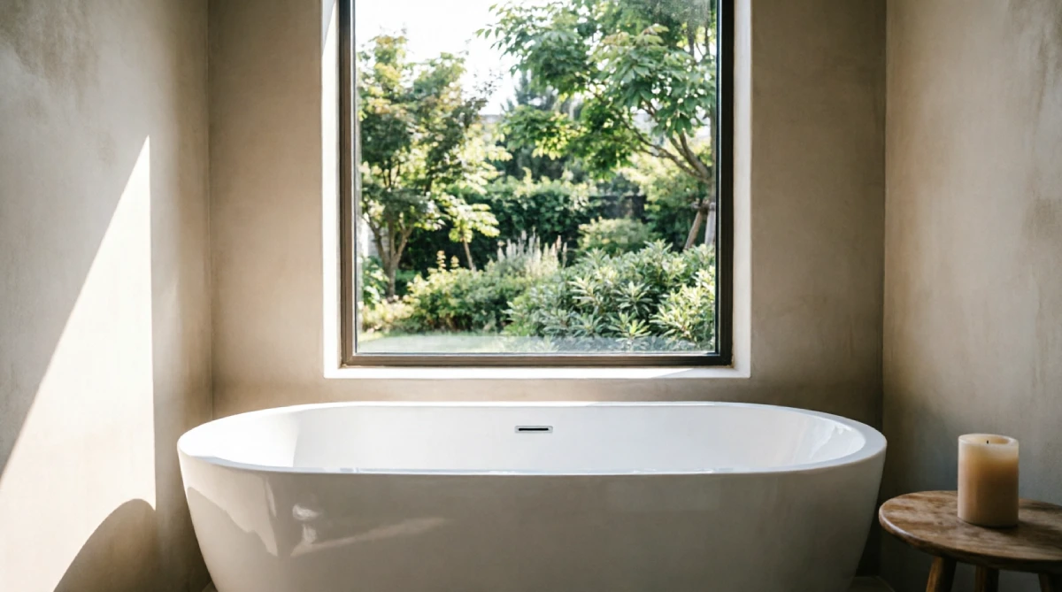 12 Summer Bathroom Layout Ideas That Improve Space - Bathroom - Homedecortoday A freestanding bathtub facing a window in a summer bathroom layout, filled with natural light.