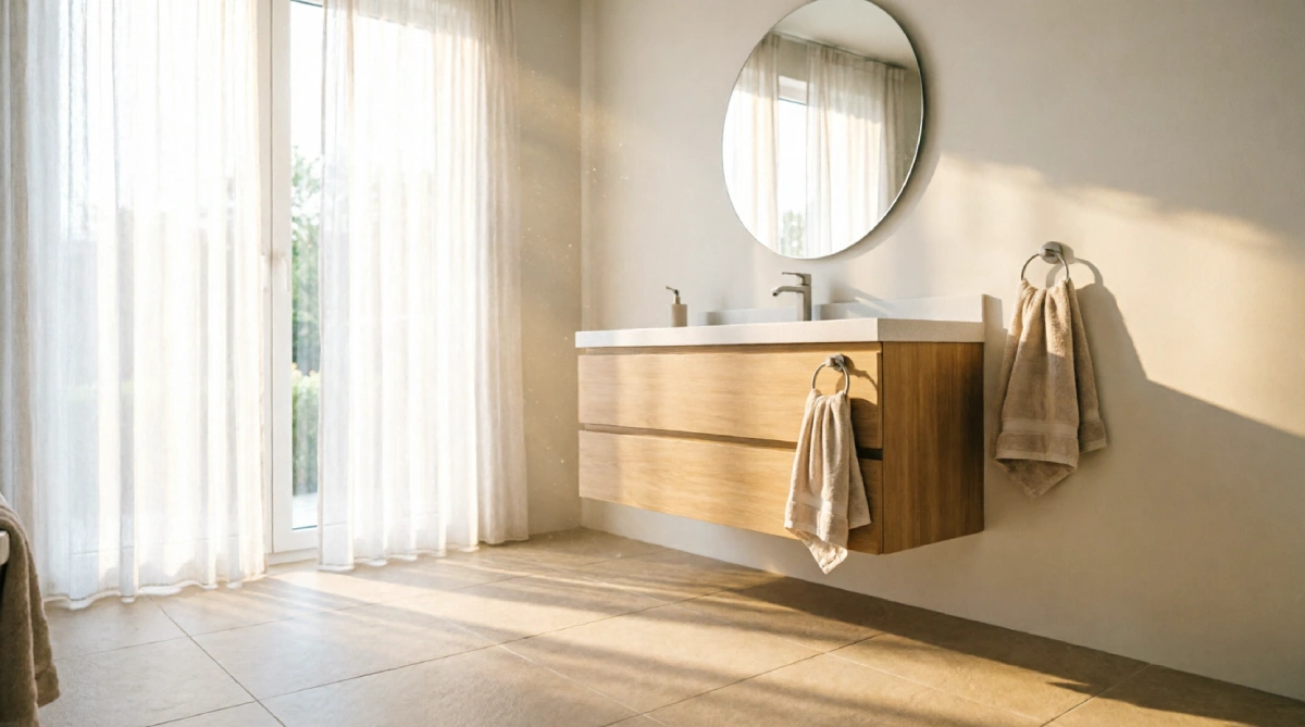 13 Summer Bathroom Lighting Ideas That Improve Brightness - Bathroom - Homedecortoday Light-filtering shades in a bathroom window allowing soft sunlight for a bright summer morning.