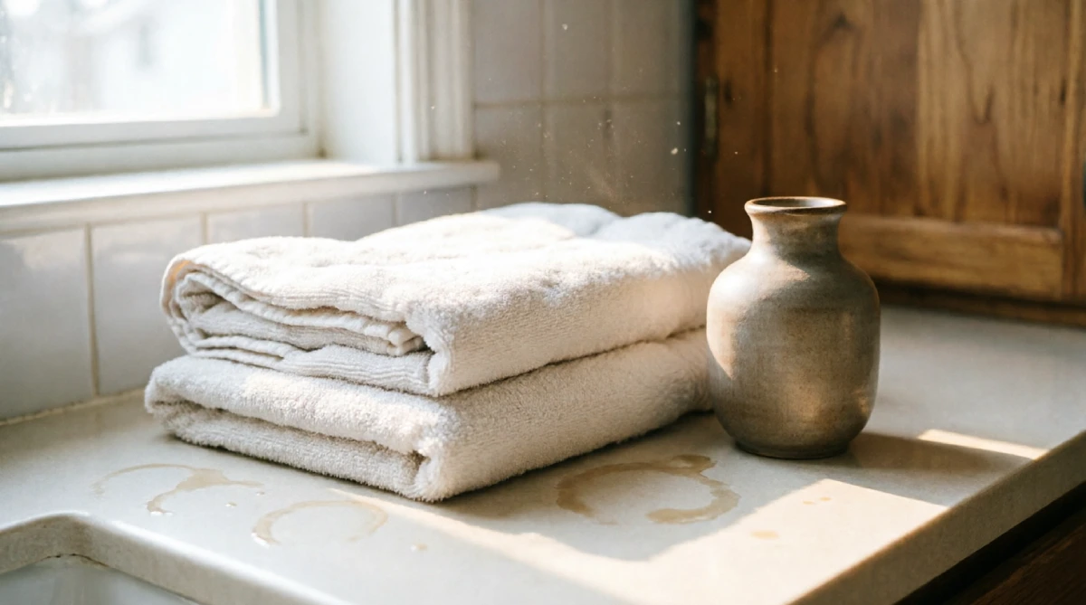 Stack of linen hand towels on a bathroom vanity, part of summer bathroom styling ideas for a clean look.